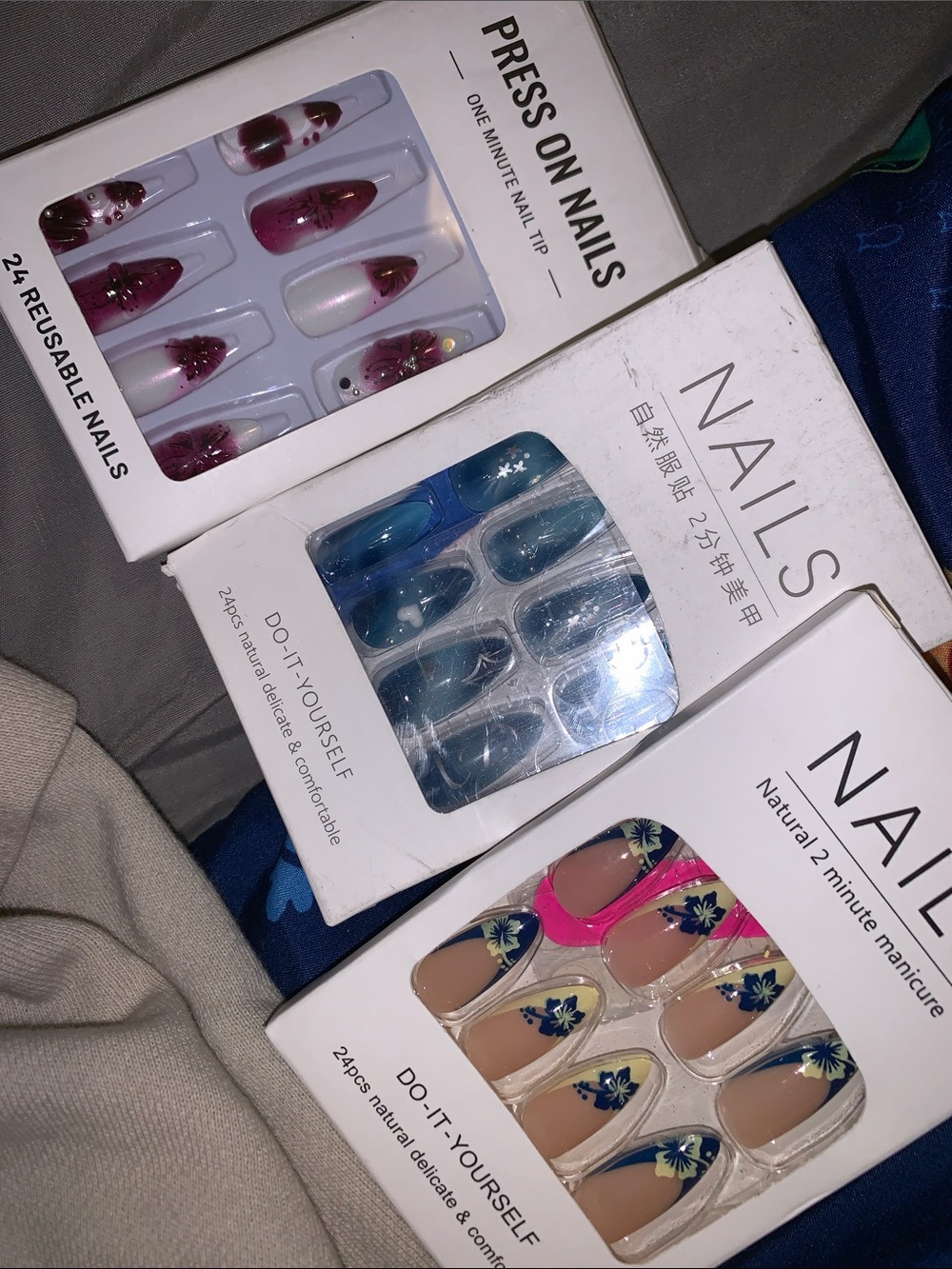 Press On Nails Trio Pack - Blue Ombre, Floral Nude & Pink Floral Sets
